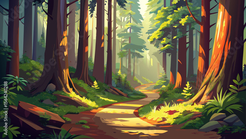 A quiet trail winds through ancient redwoods in Redwood National and State Parks, the forest floor bathed in soft green light and filtered sunbeams.