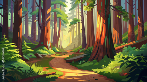 A quiet trail winds through ancient redwoods in Redwood National and State Parks, the forest floor bathed in soft green light and filtered sunbeams.