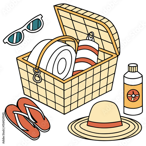 Illustration of a picnic basket with beach accessories including sunglasses towel sunscreen and hat items