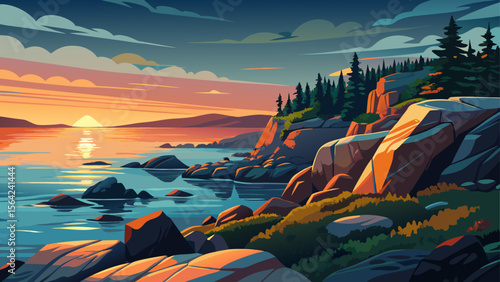 In Acadia National Park, the first light of dawn touches the Atlantic Ocean and granite shorelines, illuminating quiet coves and lichen-covered rocks.