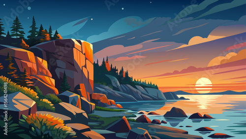 In Acadia National Park, the first light of dawn touches the Atlantic Ocean and granite shorelines, illuminating quiet coves and lichen-covered rocks.