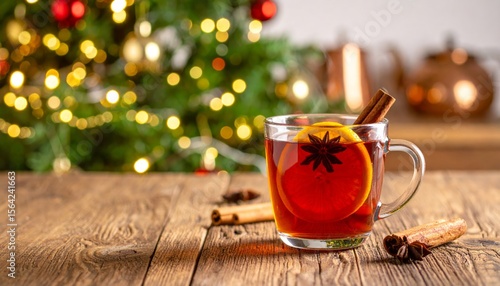 Taza de té navideño con canela y anís estrellado sobre mesa de madera con luces cálidas y árbol de Navidad desenfocado al fondo