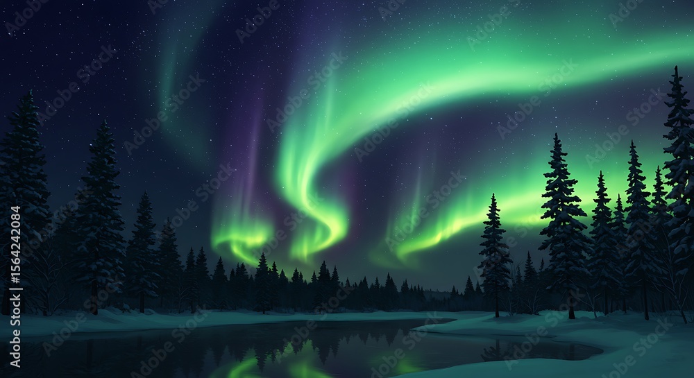 custom made wallpaper toronto digitalVibrant aurora borealis illuminates a serene winter landscape, reflected in a still lake, surrounded by snow-covered evergreen trees.