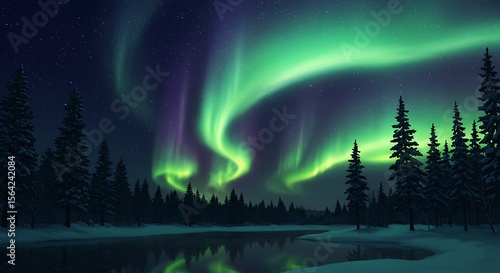 Wallpaper Mural Vibrant aurora borealis illuminates a serene winter landscape, reflected in a still lake, surrounded by snow-covered evergreen trees. Torontodigital.ca