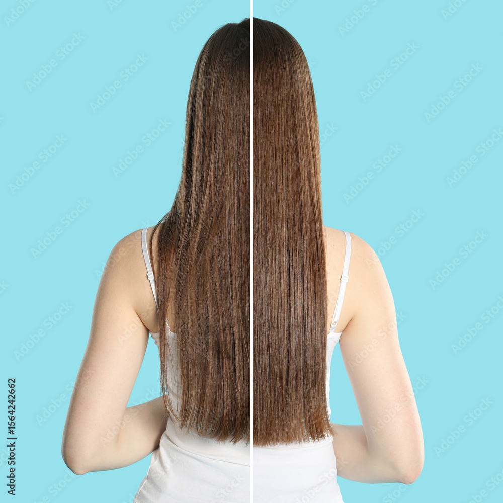Naklejka premium Hair combing, straightening. Woman showing hairstyle before and after different procedures on light blue background, back view. Photo divided in halves