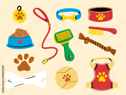 Hand Drawn Pet Accessories and Care. A playful set of 12 hand drawn pet themed elements including tags leashes collars brushes toys food bowls. Perfect for animal care kits and pet supply visuals