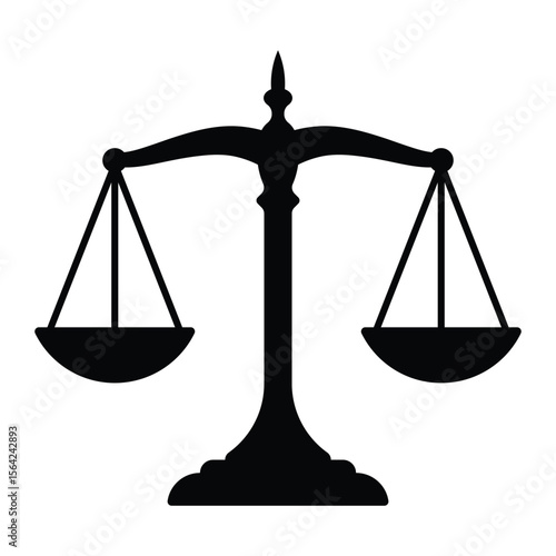 Scales of justice icon. Black silhouette for law, legal services, and courtroom design. Vector illustration, isolated.