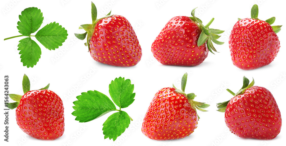 Fresh sweet strawberries and green leaves on white background, set Fresh sweet strawberries and green leaves on white background, set