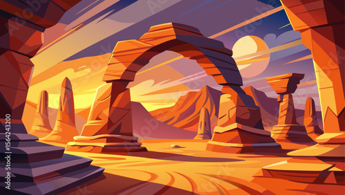 Glowing sandstone arches stretch toward the sky in Arches National Park, with warm tones and long shadows defining the timeless natural sculptures.
