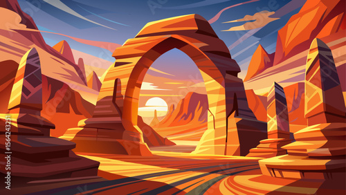 Glowing sandstone arches stretch toward the sky in Arches National Park, with warm tones and long shadows defining the timeless natural sculptures.