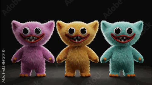 Three Colorful Creepy Plush Monster Toys with Big Eyes and Sharp Teeth