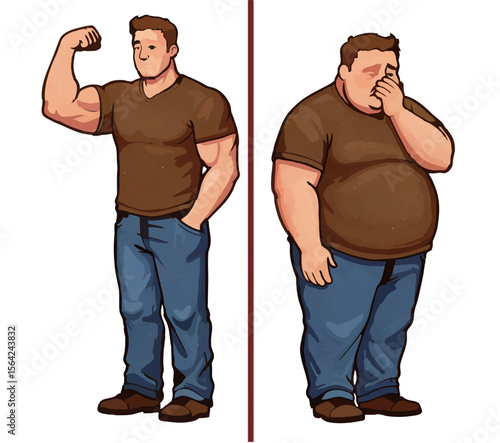 Body Transformation Illustration: Comparing Fit and Obese Man