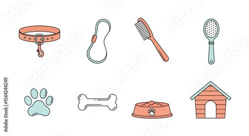 Vector dog accessories and supplies vector illustration featuring collar leash brush bone paw print and dog house icon