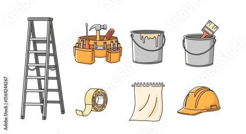 Vector illustration of construction painting tools and equipment for home improvement projects and diy activities