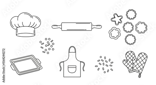 Vector baking outline vector set with chef hat, rolling pin, cookie cutters, apron, baking tray and oven mitts
