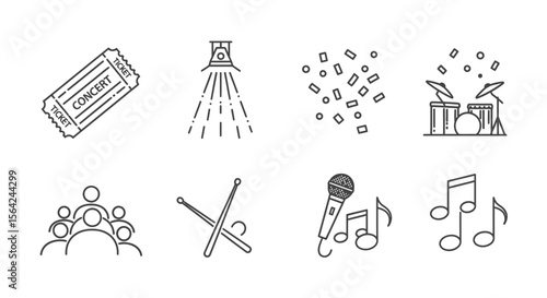 Vector explore live music events concert tickets and stage performance with drum set microphone and music notes icons
