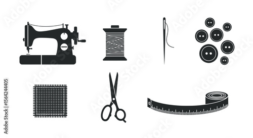 Vector sewing tailoring equipment vector illustration with sewing machine thread needle scissors and buttons for design