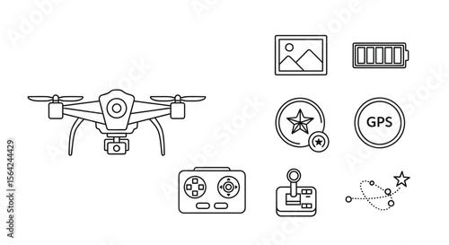 Vector drone technology features and icons: gps navigation, camera, battery life, and remote controller symbols