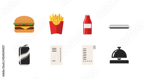 Vector order food online fast food delivery burger fries ketchup soda receipt restaurant bell service concept vector