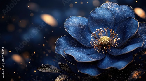 A detailed close-up of a deep blue flower with golden details.
