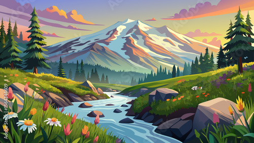 In Mount Rainier National Park, wildflower meadows bloom beneath the snow-capped summit, and a gentle stream runs beside mossy rocks in morning light.