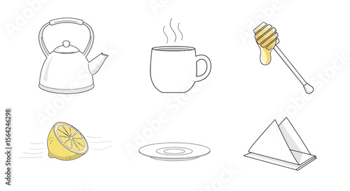 Vector tea time illustration with kettle, cup, honey dipper, lemon, plate, and napkin for relaxation and wellness