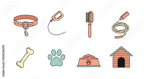 Vector dog supplies and accessories vector illustration featuring leash collar bone food grooming and house ite