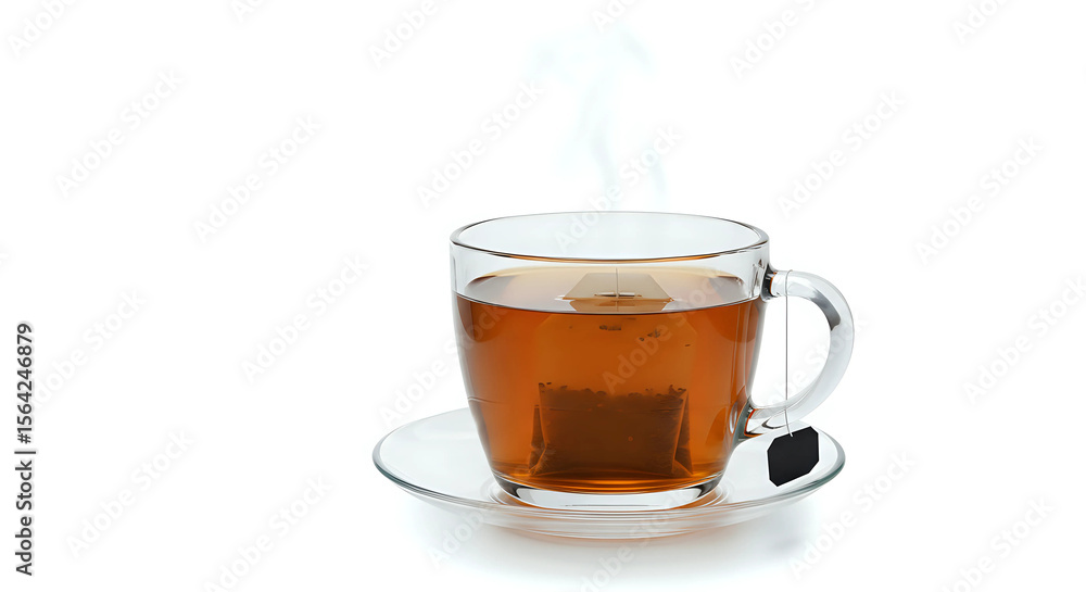 Glass Cup of Hot Herbal Tea with Tea Bag and Saucer Glass Cup of Hot Herbal Tea with Tea Bag and Saucer