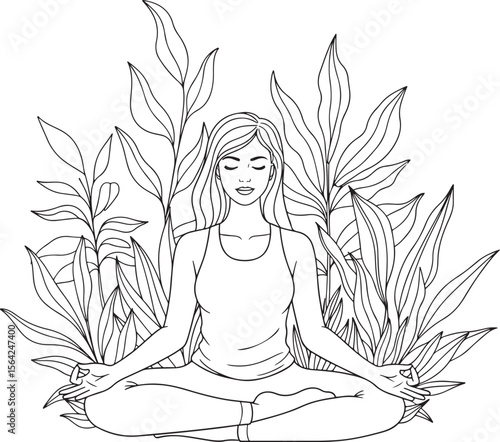 black and white line art illustration depicting a woman in a meditative pose, specifically the lotus position