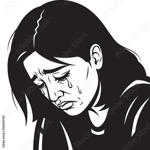  black and white Distraught Woman Crying with Tears Streaming Down Her Face, Depicting Sadness