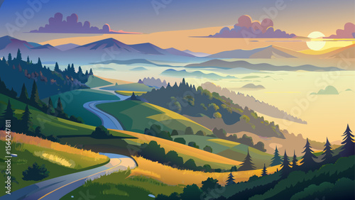 A soft fog rolls over grassy hills in Shenandoah National Park, where winding roads disappear into the forest canopy under the glow of early morning light.