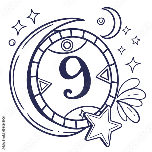 Celestial number nine with moon and stars crescent