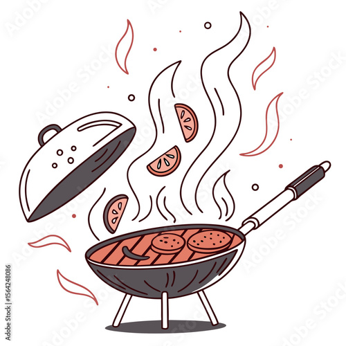 Grill with burgers and tomato slices barbecue cooking