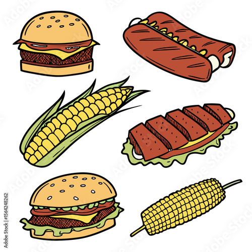 Delicious burger hot dog corn on cob food illustration