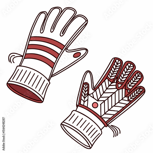 Red striped and patterned gloves pair white