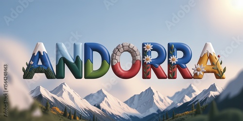 Andorra 3D Text Illustration with Scenic Snow-Capped Pyrenees Mountains and National Symbols for Travel and Tourism Design