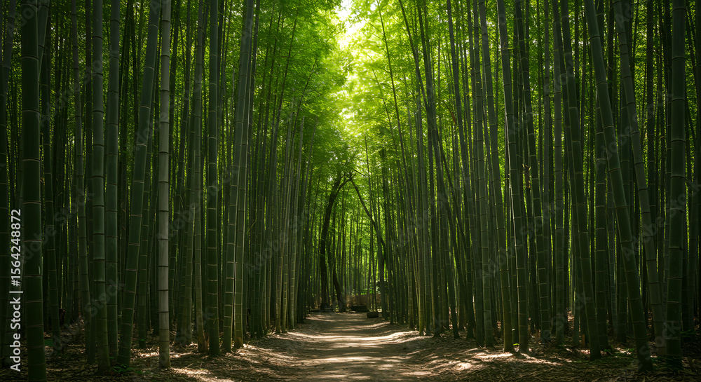Obraz premium Serene Path Through Lush Bamboo Forest A Tranquil Nature Escape