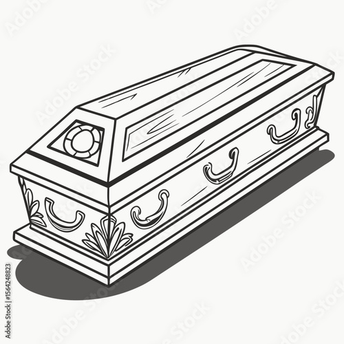 Ornate wooden coffin with handles and decorative elements