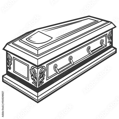 Ornate coffin with handles and decorative carvings