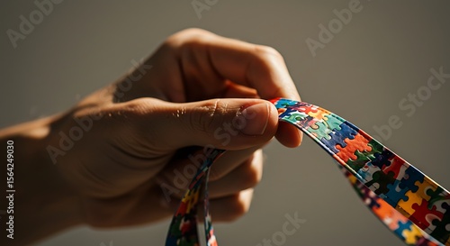 Hand holding a colorful autism awareness puzzle piece lanyard