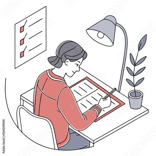 Woman studying at desk with lamp, plant, checklist, and writing in a book in a well lit room setting