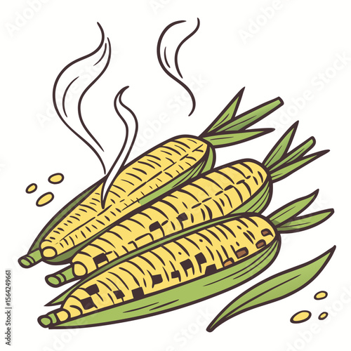 Yellow corn cobs with green husks maize grilled