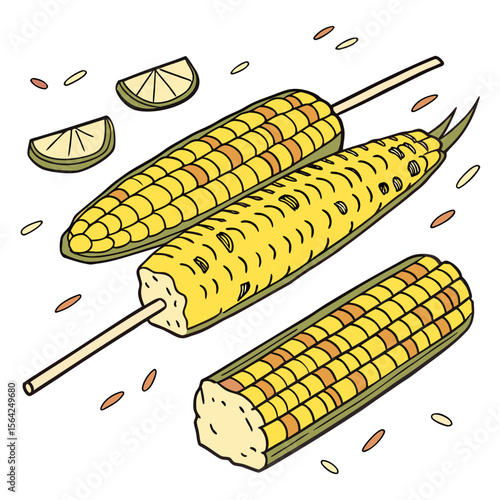 Grilled corn on sticks with lime wedges corn on the cob