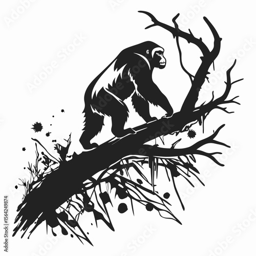 Black gorilla on bare tree branches primate