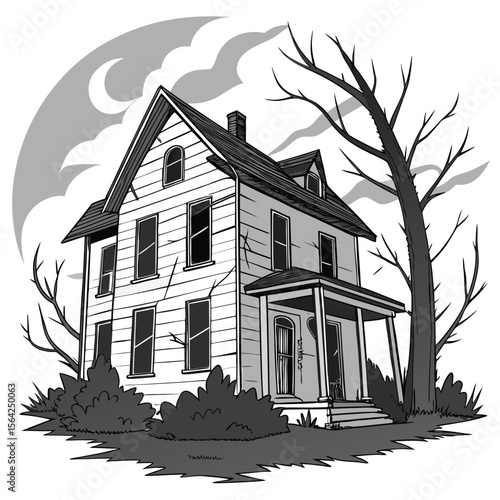 Spooky old house with bare trees and moon haunted house