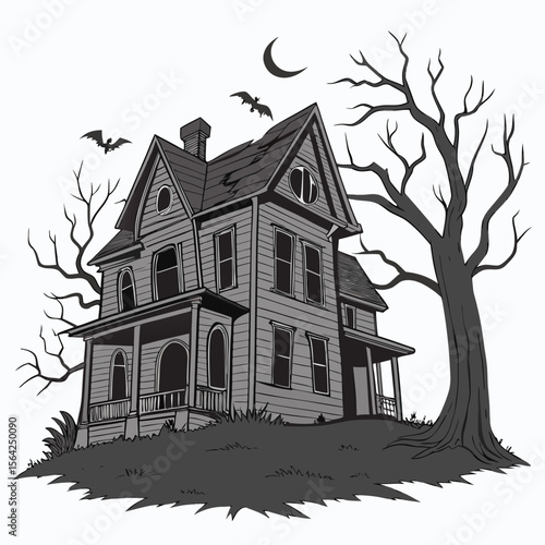 Spooky Victorian house with bats and bare tree haunted house