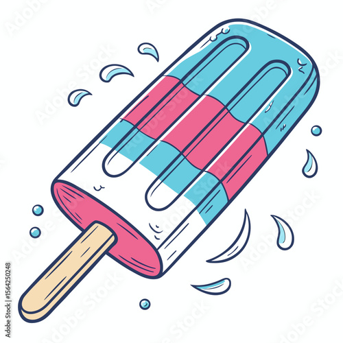 Pink and blue striped ice pop with water droplets popsicle