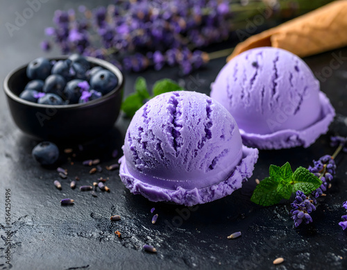 Blueberry Ice Cream Scoops and Blueberries