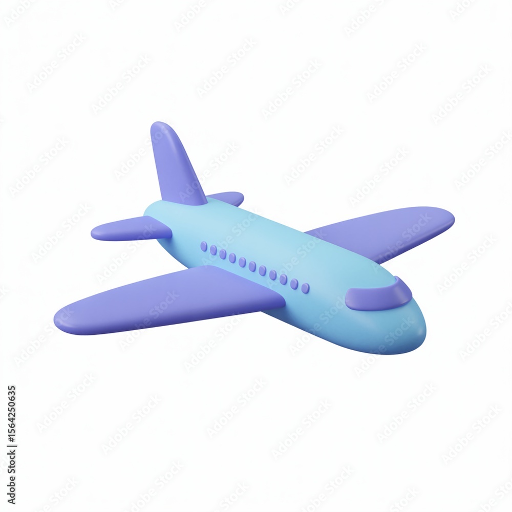 Obraz premium Cartoon Airplane: Cartoon style airplane with blue body and purple wings on white background, simple minimalist aircraft rendering.