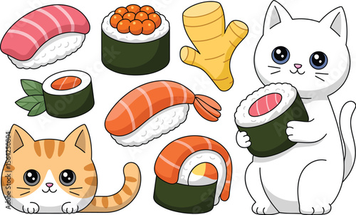 Cute cartoon sushi and cats illustration for japanese food lovers and kawaii art enthusiasts design element